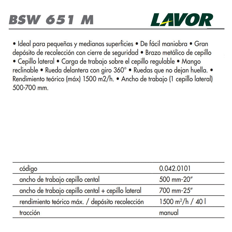 Imagen de ficha técnica de barredora mecanica. Lavor® BSW 651 M | Ecotropa