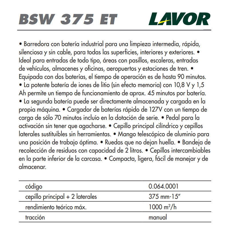 Especificaciones técnicas de barredora mecanica. Lavor® BSW 375 ET | Ecotropa