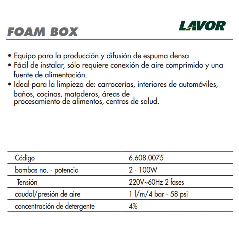 especificaciones tecnicas de generador de espuma. Lavor® Foam Box | Ecotropa