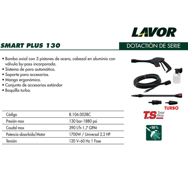 Especificaciones tecnicas para hidrolavadora electrica. Lavor® Smart Plus 130 | Ecotropa