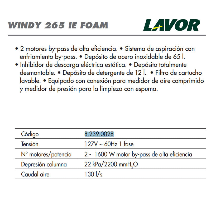 Especificaciones tecnicas de aspiradora. Lavor® GV ETNA 4.1 Foam | Ecotropa