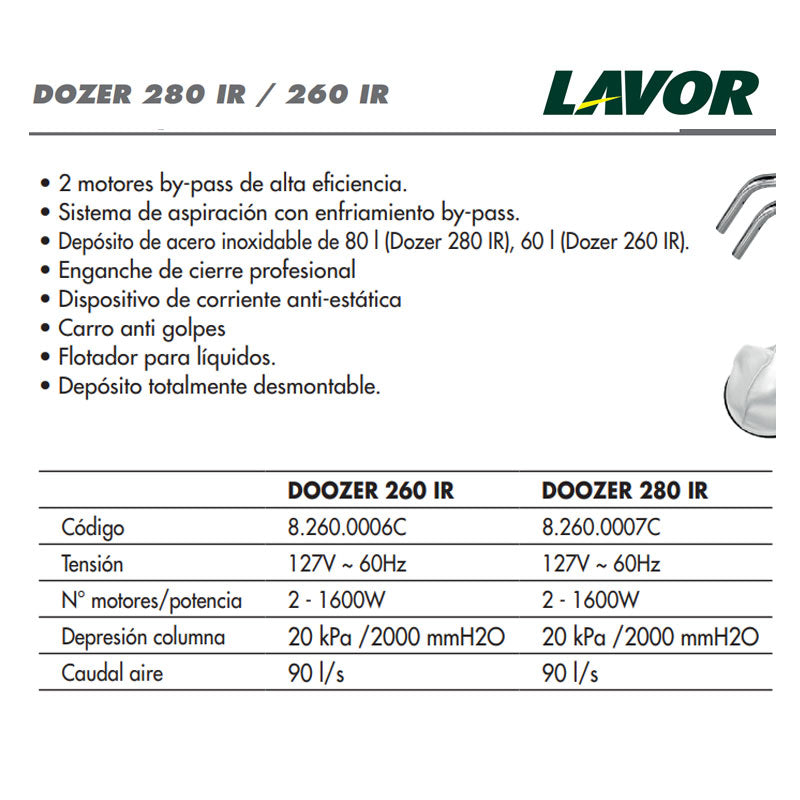 Especificaciones tecnicas de apiradora seco y humedo. Lavor® Dozer 260 | Ecotropa