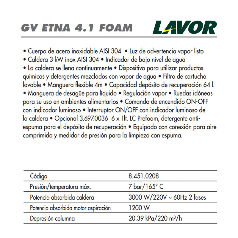 Maquina de inyeccion y succion a base de vapor y espuma. Lavor® GV ETNA 4.1 Foam | Ecotropa