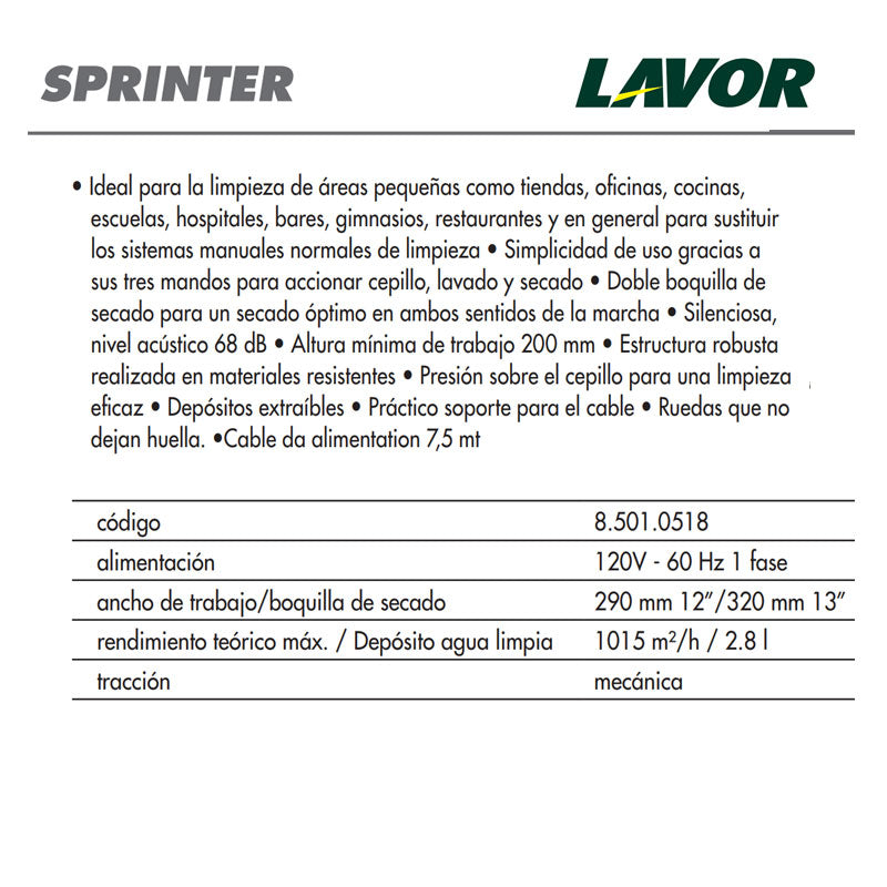 Imagen de ficha tecnica barredora electrica. Lavor® Sprinter | Ecotropa