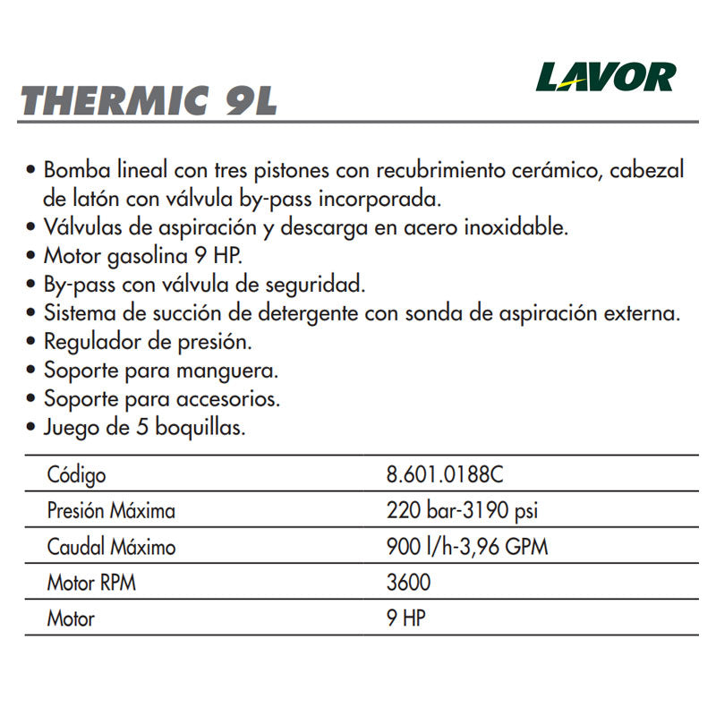 Especificaciones tecnicas de hidrolavadora de gasolina. Lavor® Thermic 9L | Ecotropa