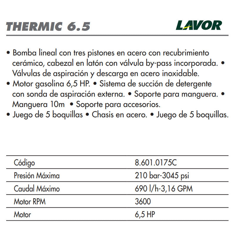 Especificaciones tecnicas para hidrolavadora de gasolina. Lavor®  Thermic 6.5L | Ecotropa